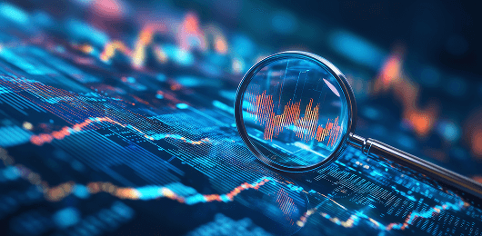 Magnifying glass over digital circuit board showing advanced data analysis