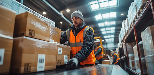 Warehouse worker managing core operations with packaged goods