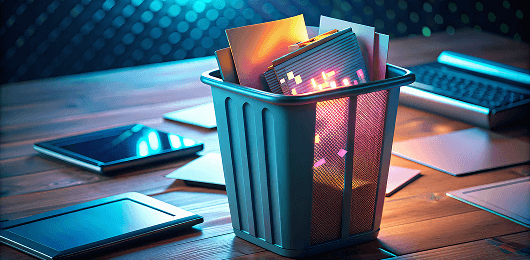 Digital trash bin with documents showing secure document deletion