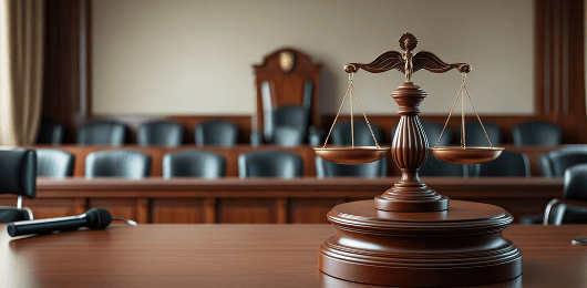 Image of justice scales and gavel in courtroom for hearing coordination proceedings