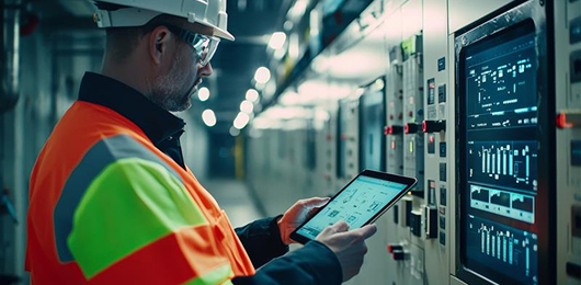 Worker in safety vest using tablet for PCA audit at industrial control panel