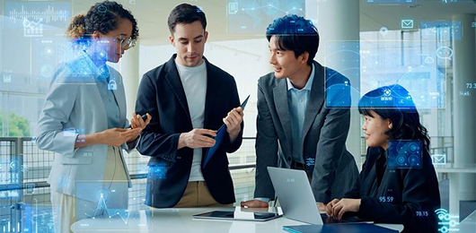 Professional team collaborating with digital communication and utility systems