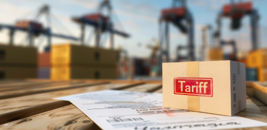 Image of a shipping box labeled Tariff representating tarrif management