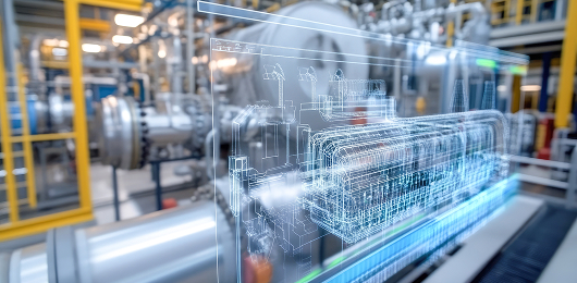 Digital wireframe overlay on industrial facility showing technical infrastructure