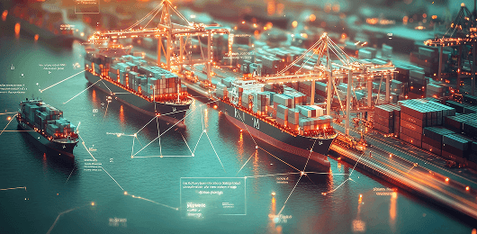 Digital port with cargo ships and cranes showing connected trade operations