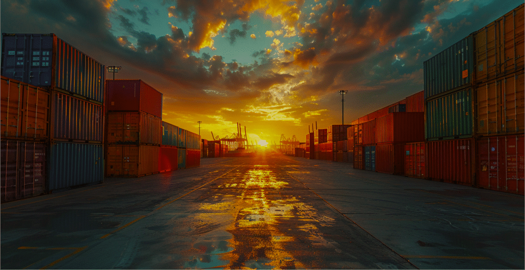 Container port at sunset representing unified trade single window operations