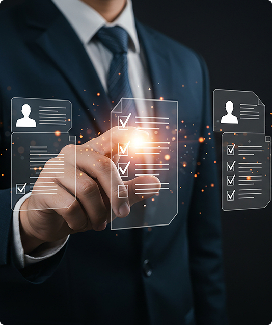 Man Infront of virtual checklists - image implies trade inspection