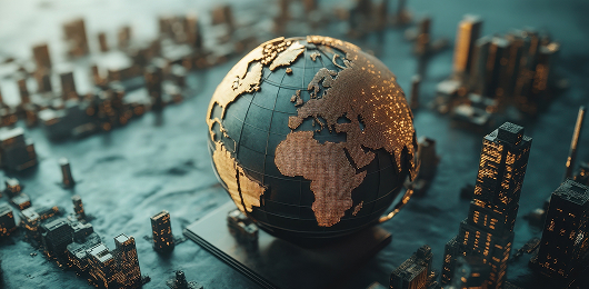 Globe surrounded by miniature buildings representing WTO valuation rules